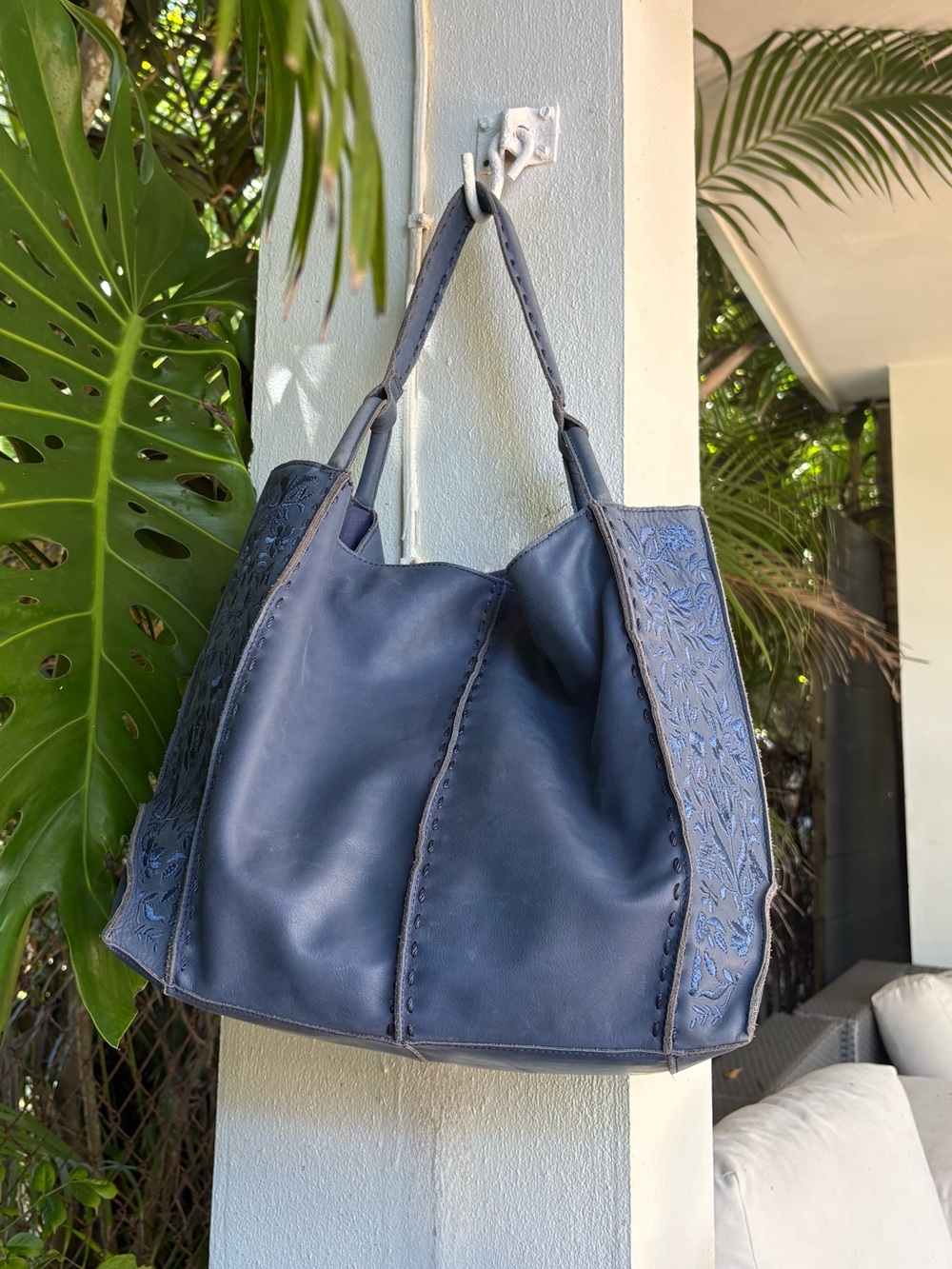 The Sak Los Feliz Large Tote Blue Leather Embroidered Bag